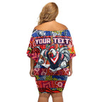 Custom Roosters Rugby Merry Christmas Off Shoulder Short Dress Indigenous Australian Art