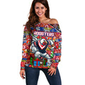 Custom Roosters Rugby Merry Christmas Off Shoulder Sweater Indigenous Australian Art