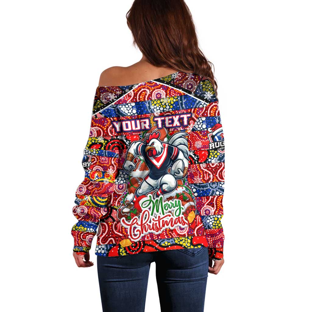 Custom Roosters Rugby Merry Christmas Off Shoulder Sweater Indigenous Australian Art