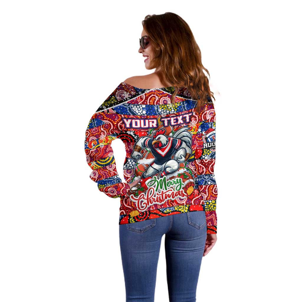 Custom Roosters Rugby Merry Christmas Off Shoulder Sweater Indigenous Australian Art