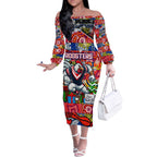 Custom Roosters Rugby Merry Christmas Off The Shoulder Long Sleeve Dress Indigenous Australian Art
