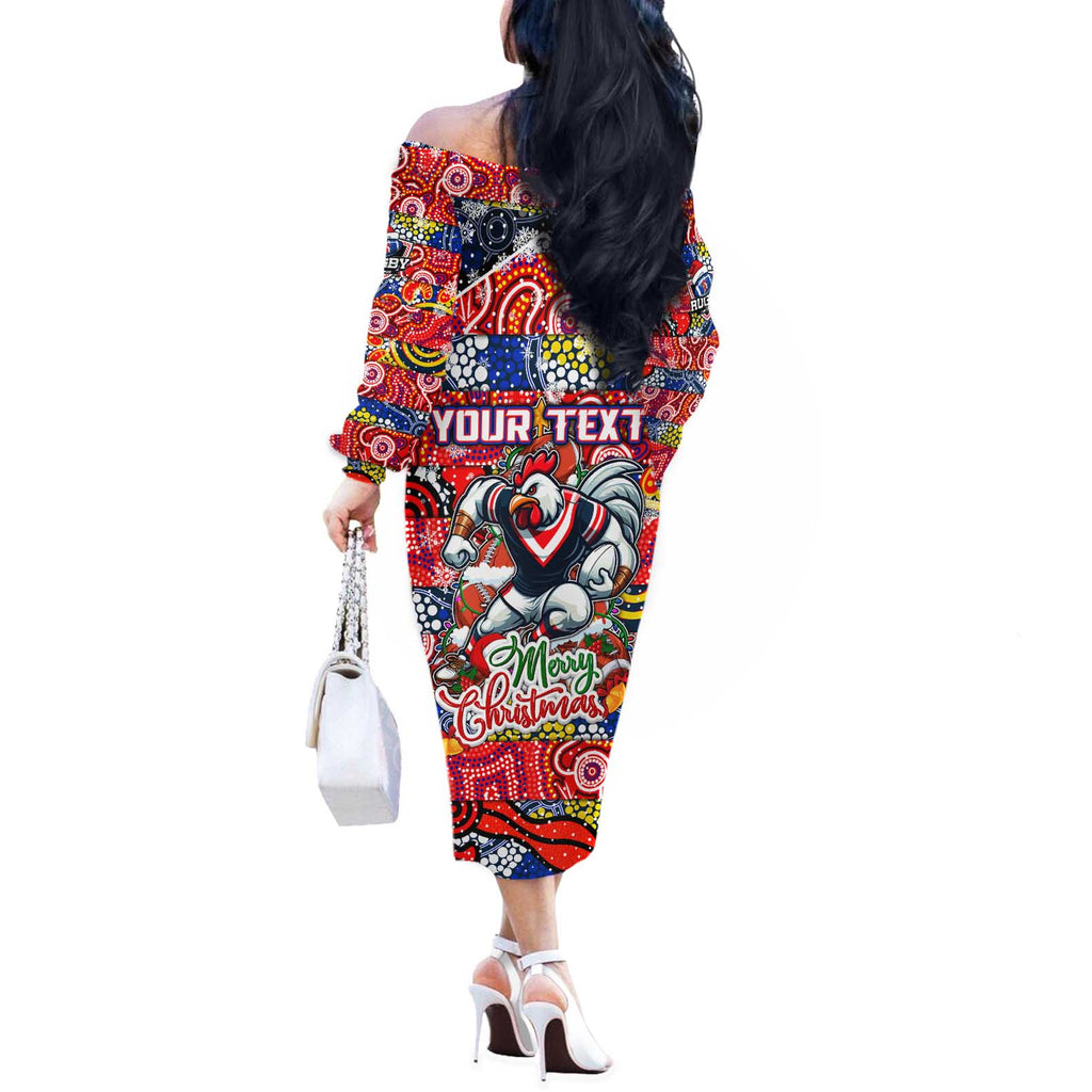 Custom Roosters Rugby Merry Christmas Off The Shoulder Long Sleeve Dress Indigenous Australian Art