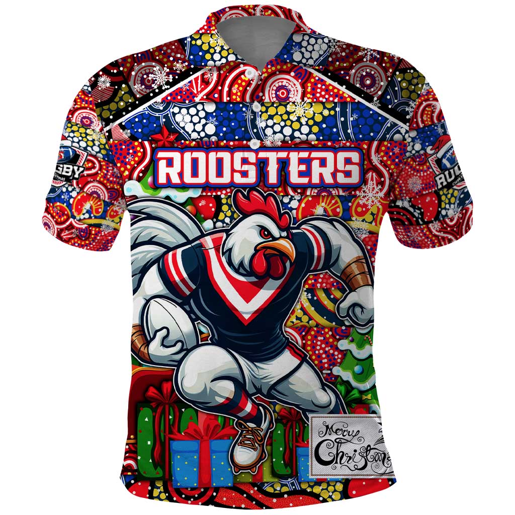 Custom Roosters Rugby Merry Christmas Polo Shirt Indigenous Australian Art