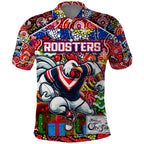 Custom Roosters Rugby Merry Christmas Polo Shirt Indigenous Australian Art