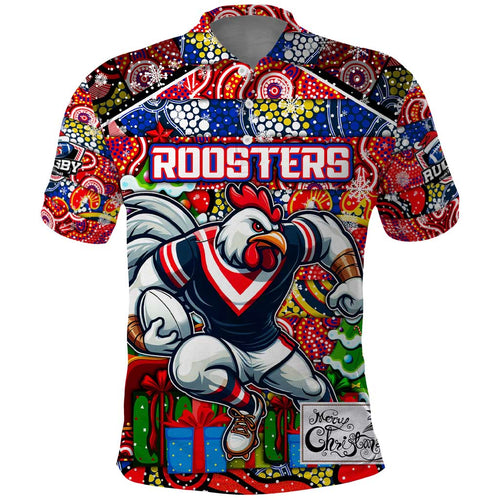 Custom Roosters Rugby Merry Christmas Polo Shirt Indigenous Australian Art