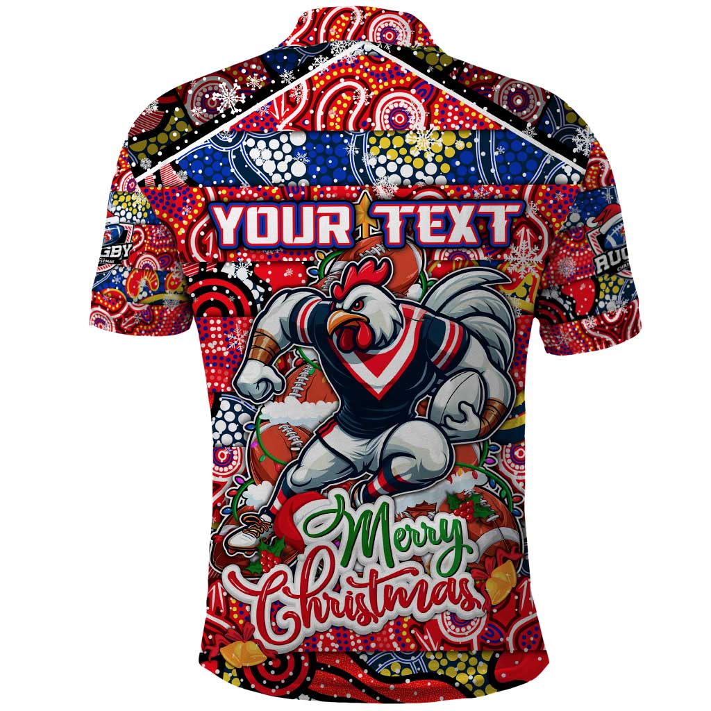 Custom Roosters Rugby Merry Christmas Polo Shirt Indigenous Australian Art