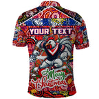 Custom Roosters Rugby Merry Christmas Polo Shirt Indigenous Australian Art