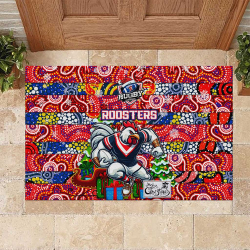 Roosters Rugby Merry Christmas Rubber Doormat Indigenous Australian Art