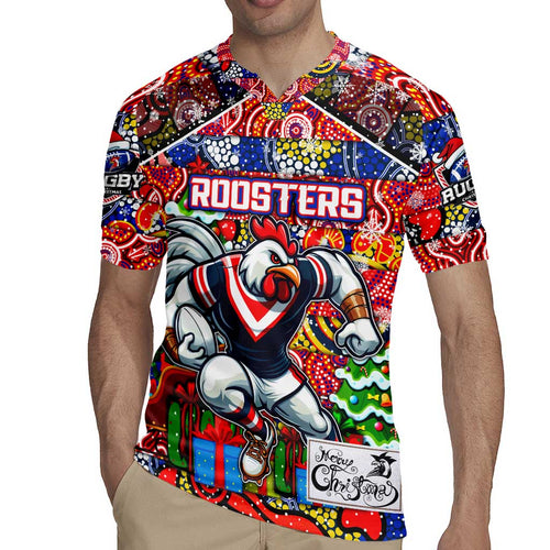 Custom Roosters Rugby Merry Christmas Rugby Jersey Indigenous Australian Art