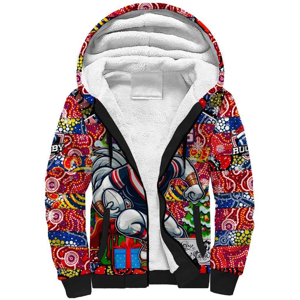 Custom Roosters Rugby Merry Christmas Sherpa Hoodie Indigenous Australian Art