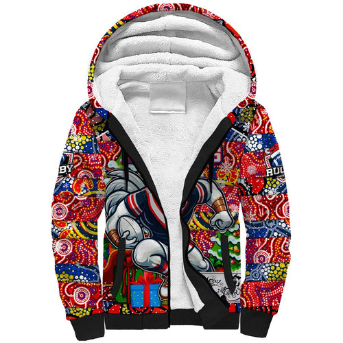 Custom Roosters Rugby Merry Christmas Sherpa Hoodie Indigenous Australian Art