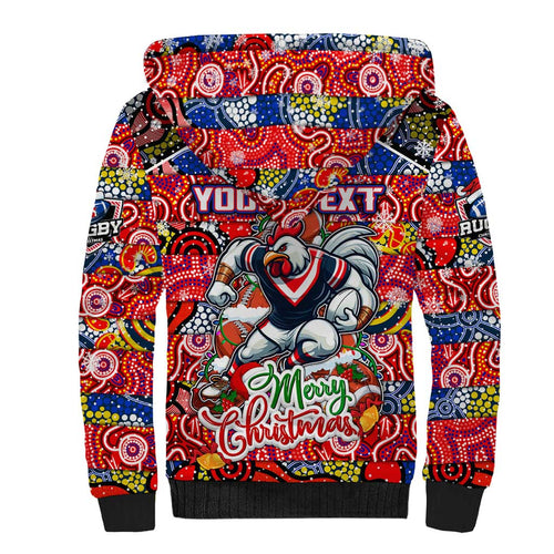 Custom Roosters Rugby Merry Christmas Sherpa Hoodie Indigenous Australian Art