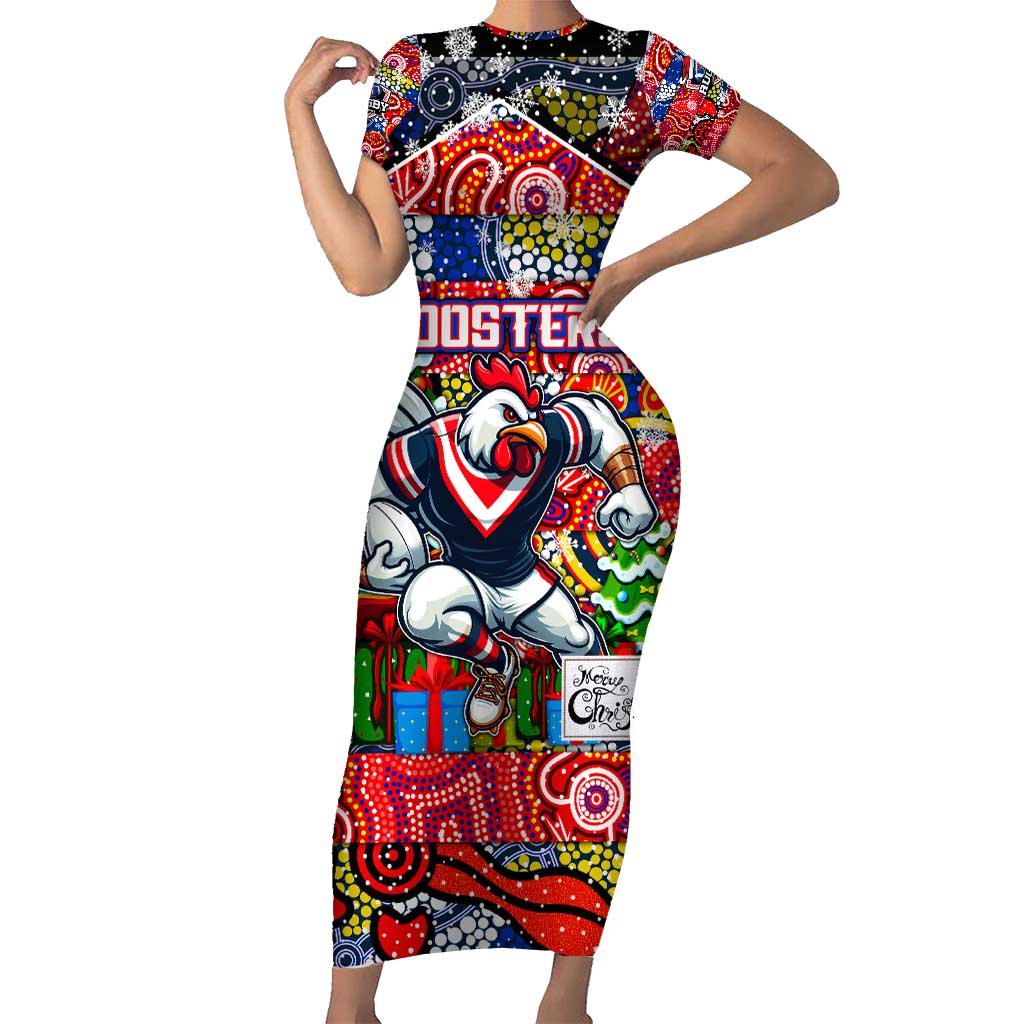 Custom Roosters Rugby Merry Christmas Short Sleeve Bodycon Dress Indigenous Australian Art
