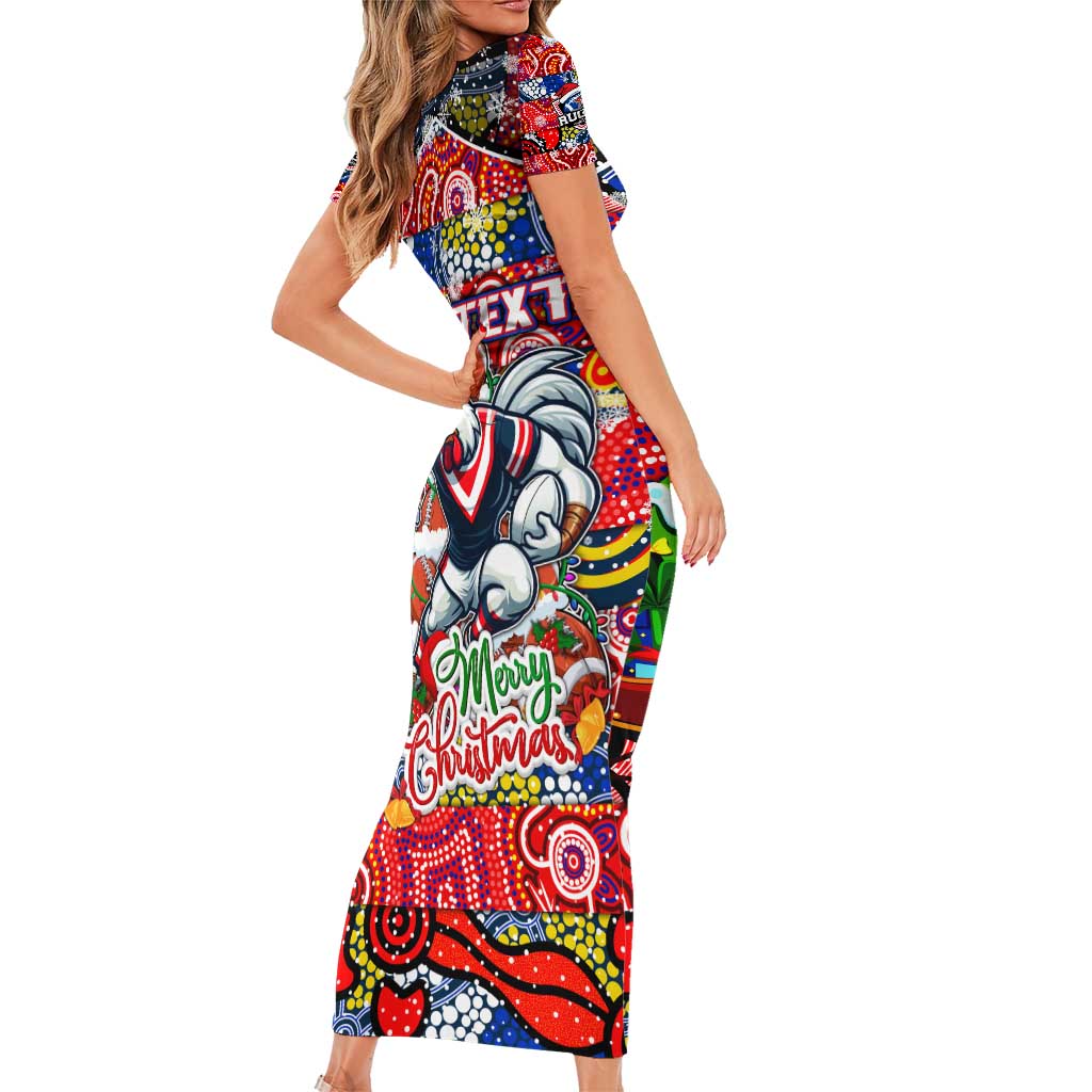 Custom Roosters Rugby Merry Christmas Short Sleeve Bodycon Dress Indigenous Australian Art