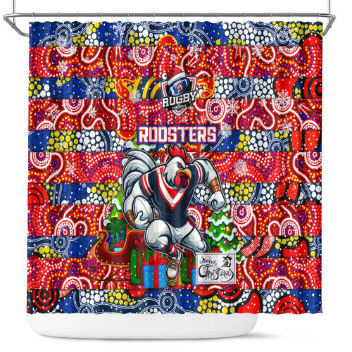 Roosters Rugby Merry Christmas Shower Curtain Indigenous Australian Art