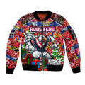 Custom Roosters Rugby Merry Christmas Sleeve Zip Bomber Jacket Indigenous Australian Art