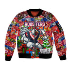 Custom Roosters Rugby Merry Christmas Sleeve Zip Bomber Jacket Indigenous Australian Art