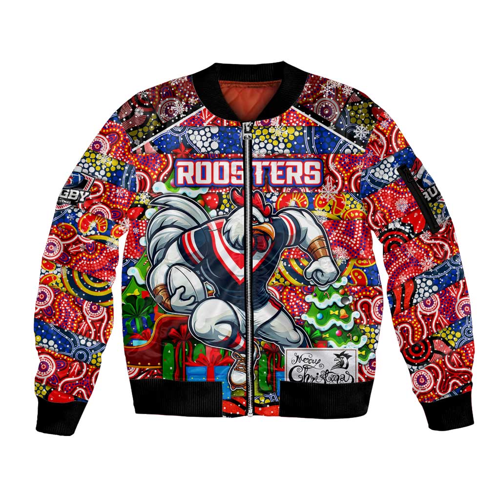 Custom Roosters Rugby Merry Christmas Sleeve Zip Bomber Jacket Indigenous Australian Art
