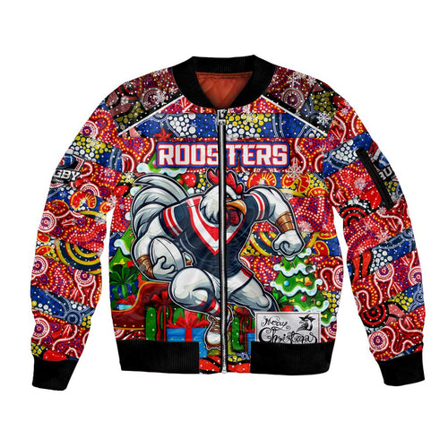 Custom Roosters Rugby Merry Christmas Sleeve Zip Bomber Jacket Indigenous Australian Art