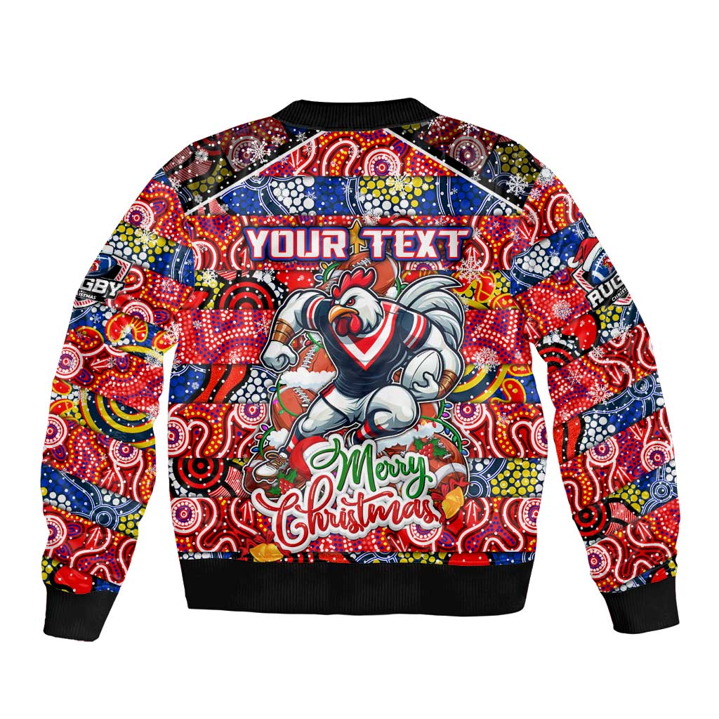 Custom Roosters Rugby Merry Christmas Sleeve Zip Bomber Jacket Indigenous Australian Art