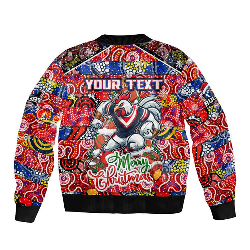 Custom Roosters Rugby Merry Christmas Sleeve Zip Bomber Jacket Indigenous Australian Art