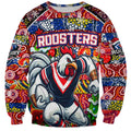 Custom Roosters Rugby Merry Christmas Sweatshirt Indigenous Australian Art