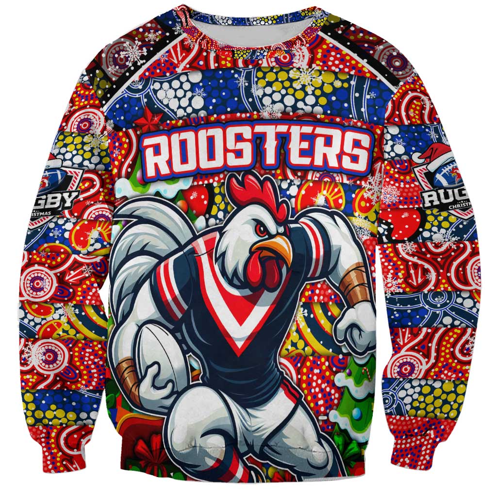 Custom Roosters Rugby Merry Christmas Sweatshirt Indigenous Australian Art