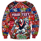 Custom Roosters Rugby Merry Christmas Sweatshirt Indigenous Australian Art