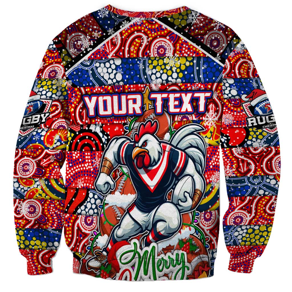 Custom Roosters Rugby Merry Christmas Sweatshirt Indigenous Australian Art