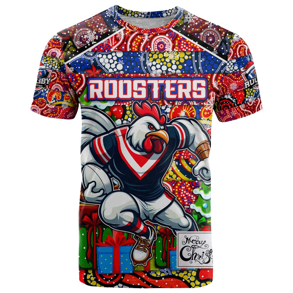 Custom Roosters Rugby Merry Christmas T Shirt Indigenous Australian Art