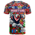 Custom Roosters Rugby Merry Christmas T Shirt Indigenous Australian Art