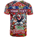 Custom Roosters Rugby Merry Christmas T Shirt Indigenous Australian Art