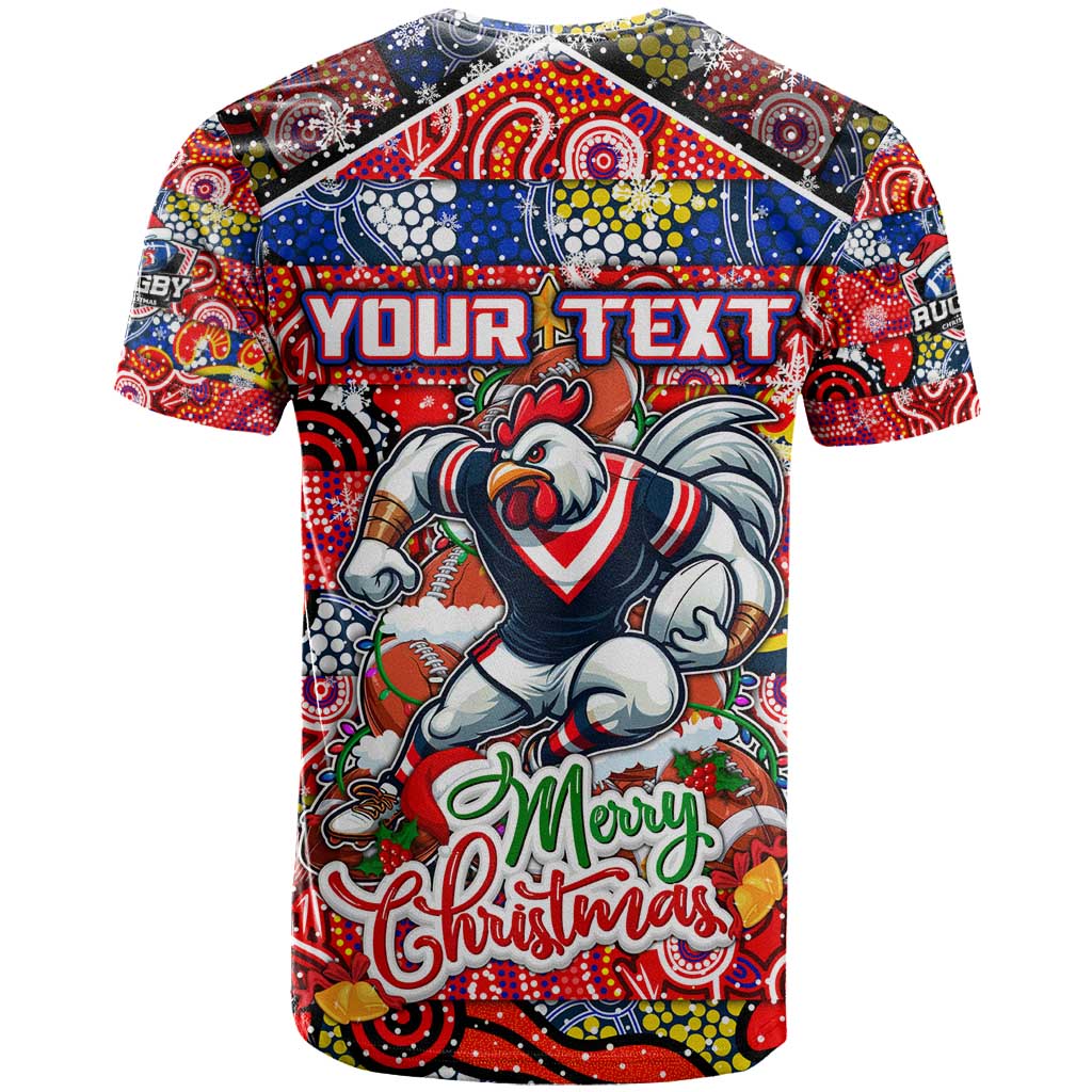 Custom Roosters Rugby Merry Christmas T Shirt Indigenous Australian Art