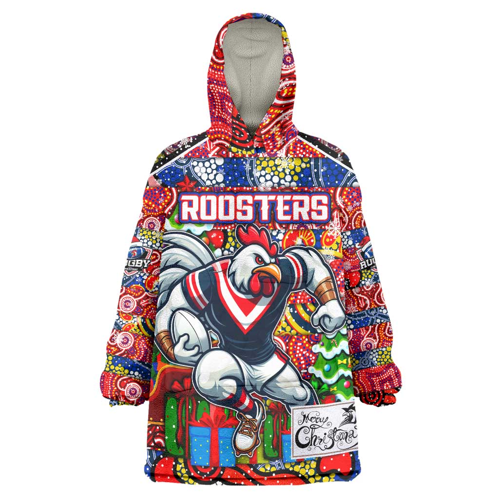 Custom Roosters Rugby Merry Christmas Wearable Blanket Hoodie Indigenous Australian Art