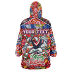 Custom Roosters Rugby Merry Christmas Wearable Blanket Hoodie Indigenous Australian Art