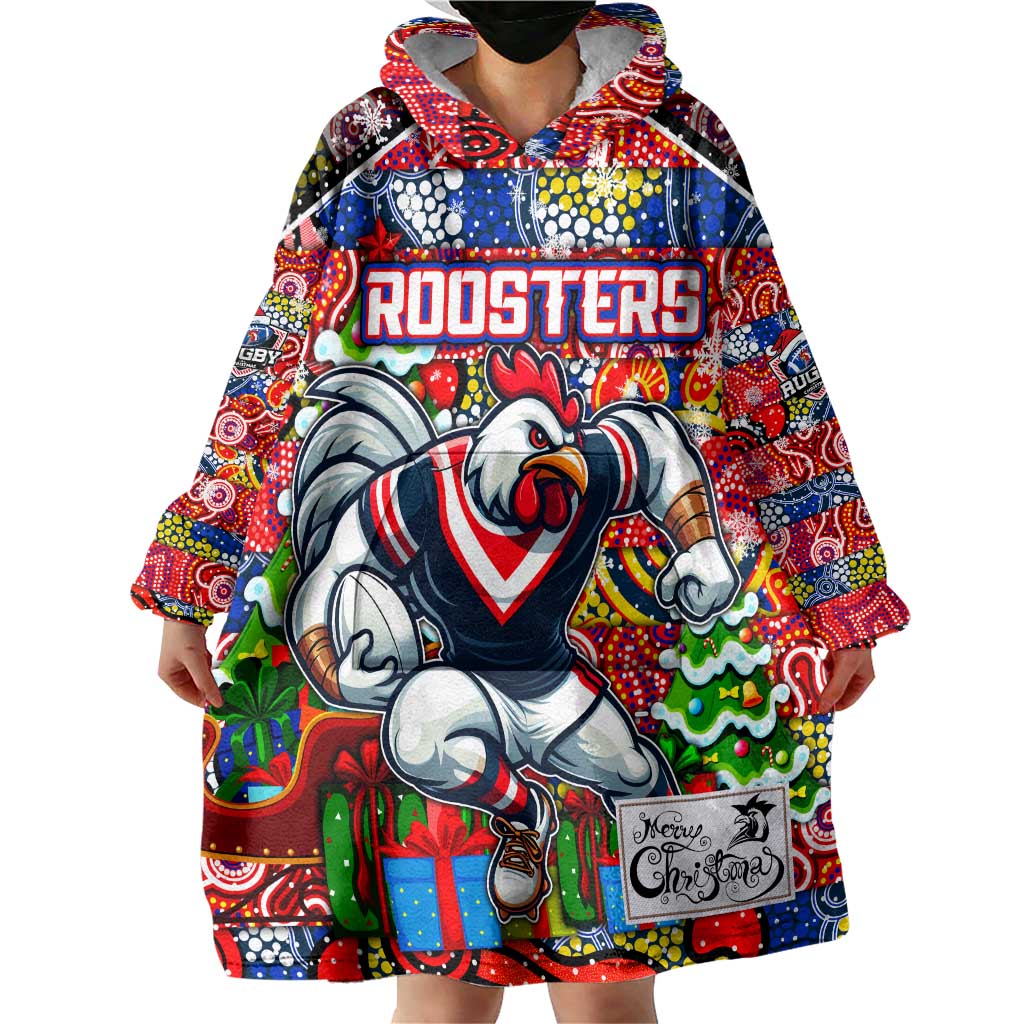 Custom Roosters Rugby Merry Christmas Wearable Blanket Hoodie Indigenous Australian Art