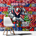 Roosters Rugby Merry Christmas Window Curtain Indigenous Australian Art