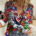 Custom Roosters Rugby Merry Christmas Women Casual Shirt Indigenous Australian Art