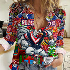 Custom Roosters Rugby Merry Christmas Women Casual Shirt Indigenous Australian Art