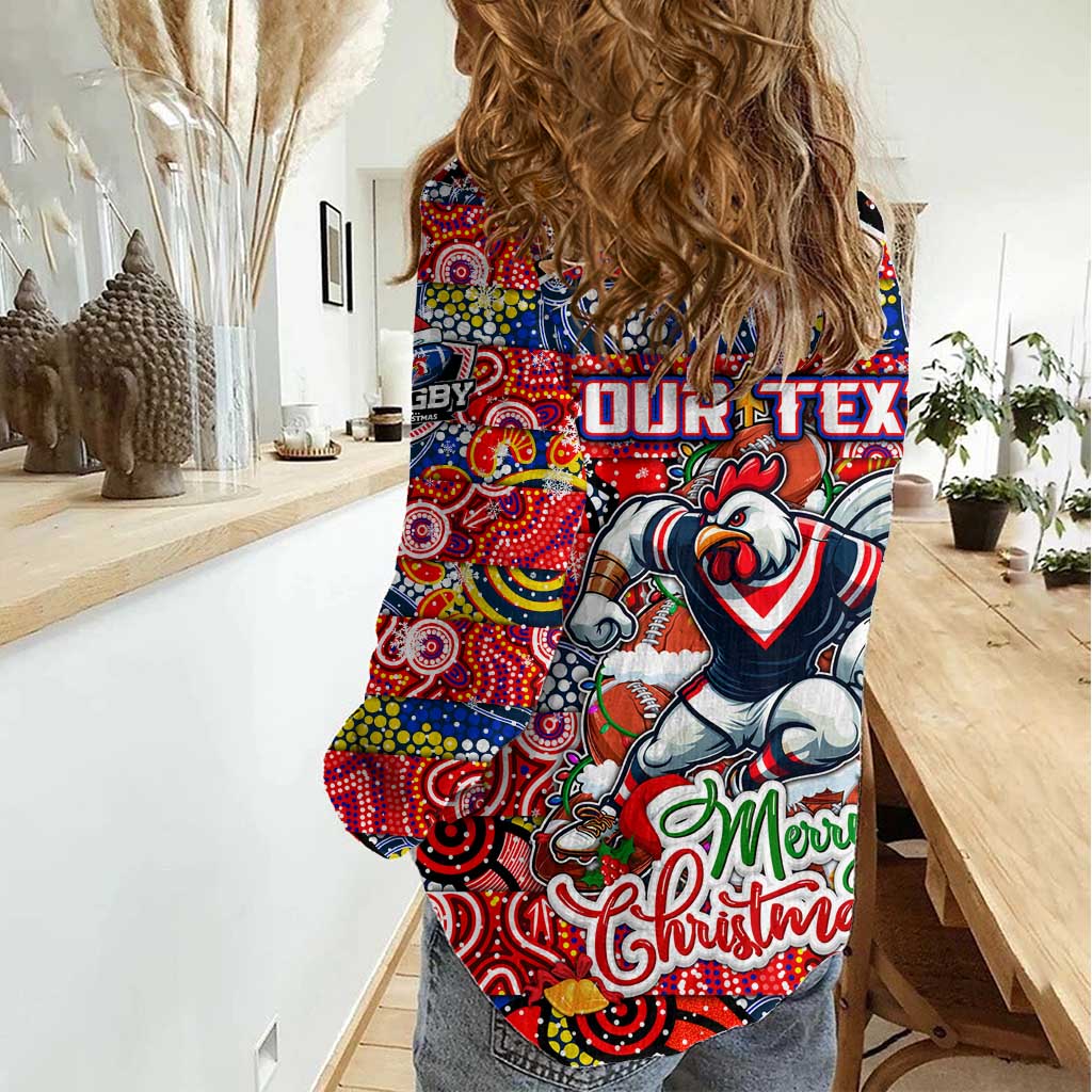 Custom Roosters Rugby Merry Christmas Women Casual Shirt Indigenous Australian Art
