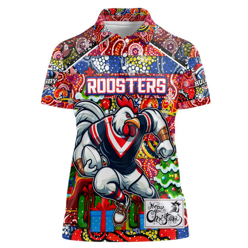 Custom Roosters Rugby Merry Christmas Women Polo Shirt Indigenous Australian Art
