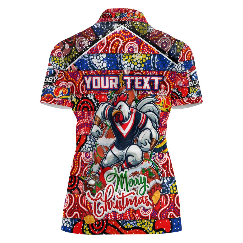 Custom Roosters Rugby Merry Christmas Women Polo Shirt Indigenous Australian Art