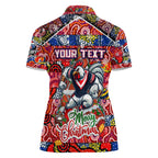 Custom Roosters Rugby Merry Christmas Women Polo Shirt Indigenous Australian Art