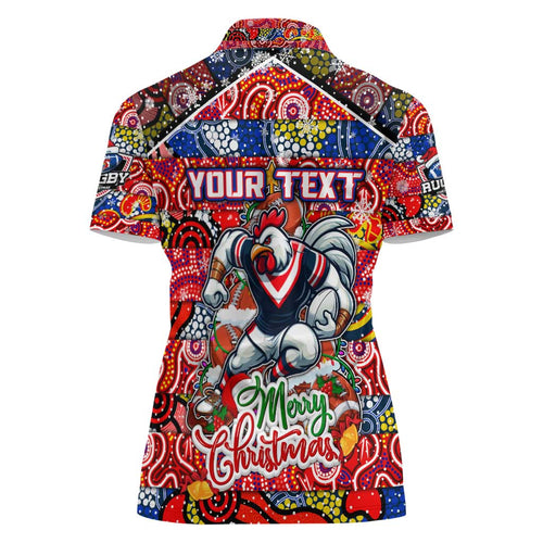 Custom Roosters Rugby Merry Christmas Women Polo Shirt Indigenous Australian Art