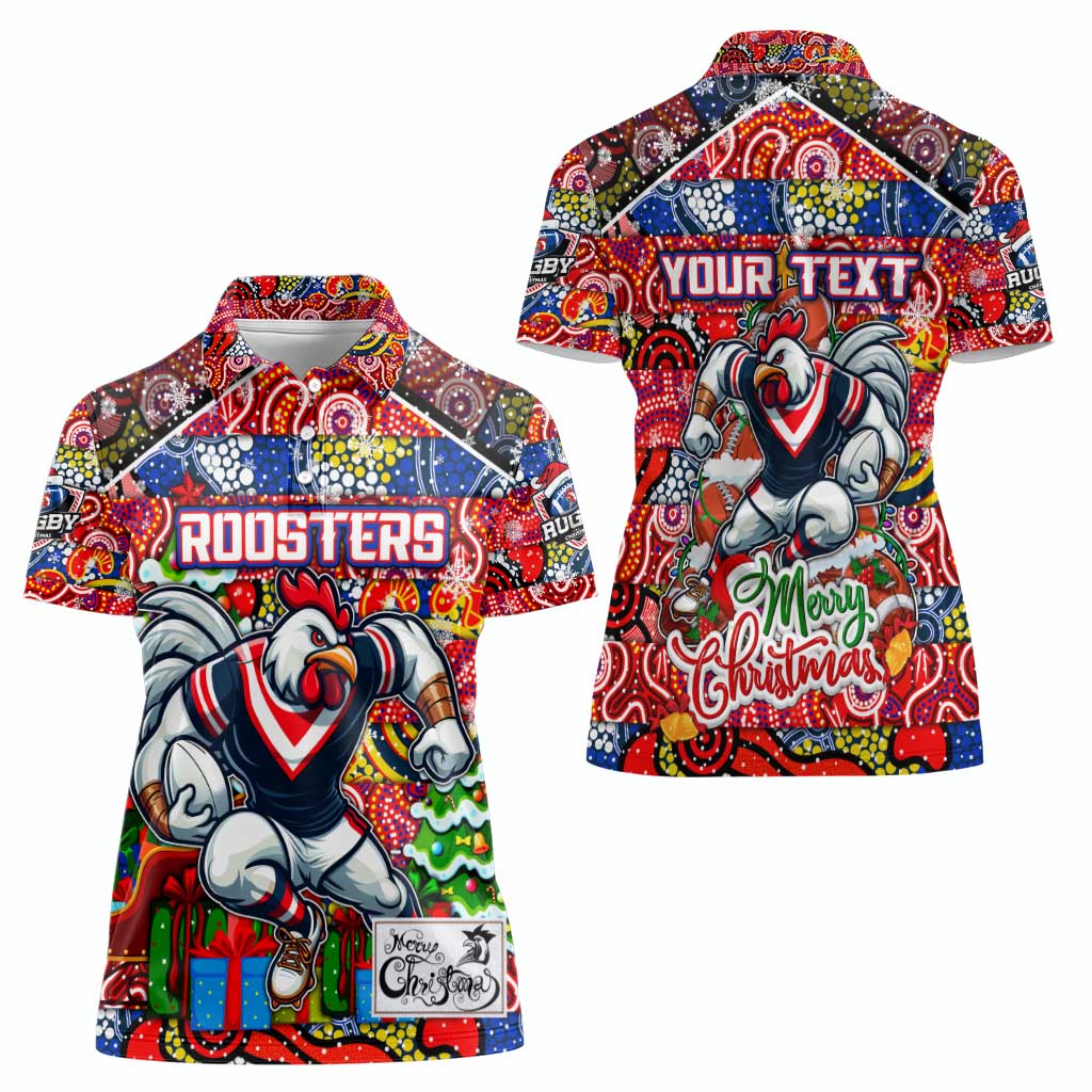 Custom Roosters Rugby Merry Christmas Women Polo Shirt Indigenous Australian Art