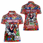 Custom Roosters Rugby Merry Christmas Women Polo Shirt Indigenous Australian Art
