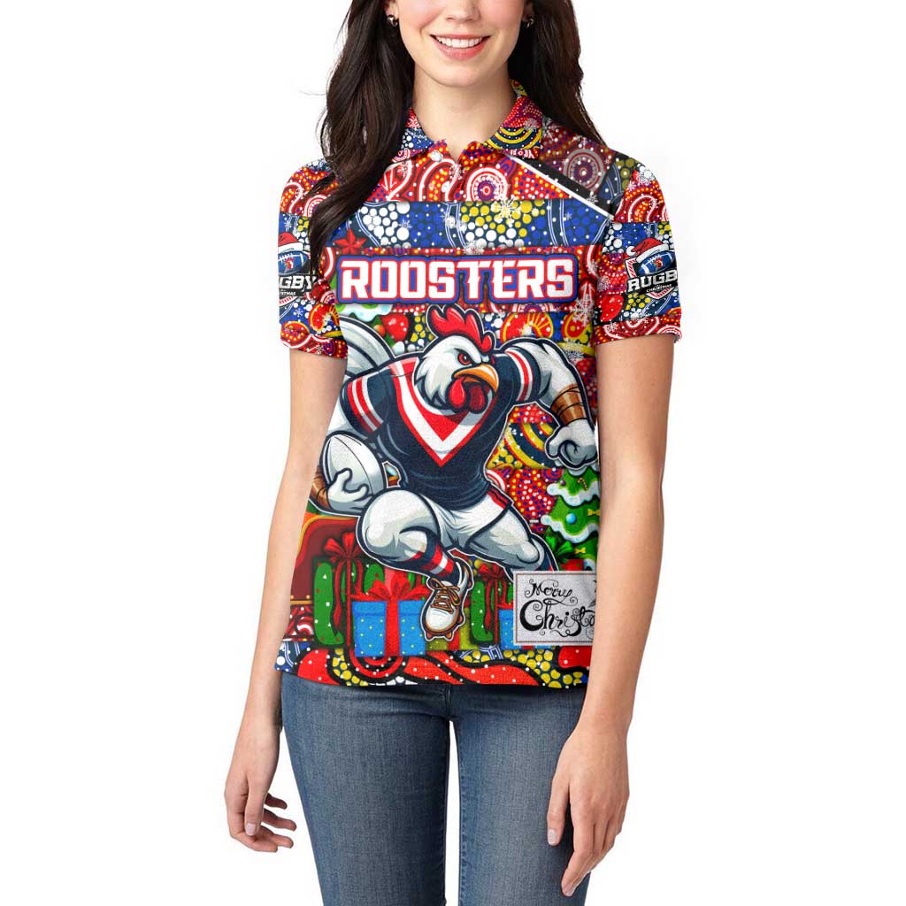 Custom Roosters Rugby Merry Christmas Women Polo Shirt Indigenous Australian Art