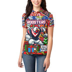 Custom Roosters Rugby Merry Christmas Women Polo Shirt Indigenous Australian Art