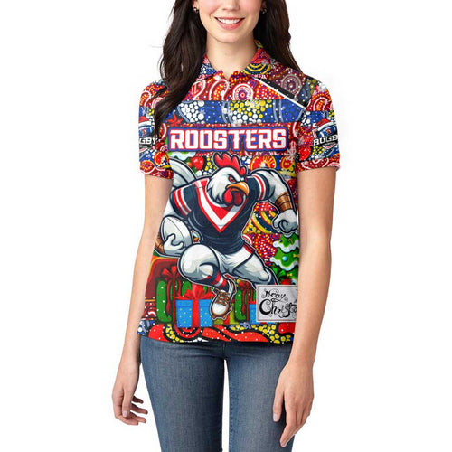 Custom Roosters Rugby Merry Christmas Women Polo Shirt Indigenous Australian Art
