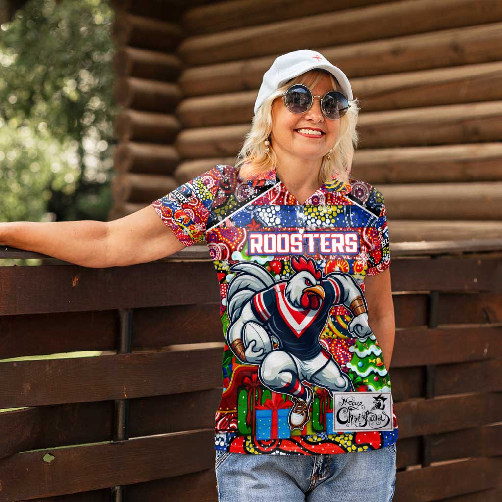 Custom Roosters Rugby Merry Christmas Women Polo Shirt Indigenous Australian Art
